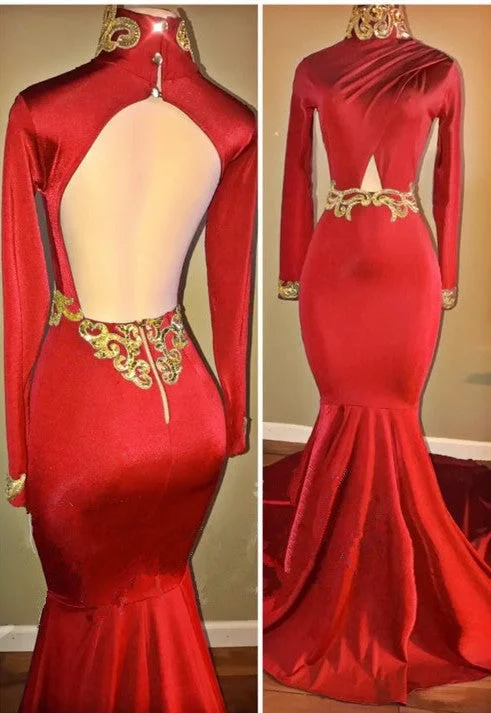 Red Mermaid Backless Prom Dresses | Long Sleeves High Neck Open Back Evening Dresses mq0 Red Mermaid Backless Prom Dresses | Long Sleeves High Neck Open Back Evening Dresses mq0