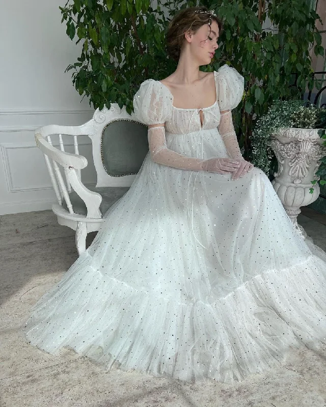 Cinessd  Sparkly Starry Tulle Long Prom Dresses Square Puff Sleeves A-Line Tiered Evening Gowns Wedding Party Dress 2022 Pencil Length Work