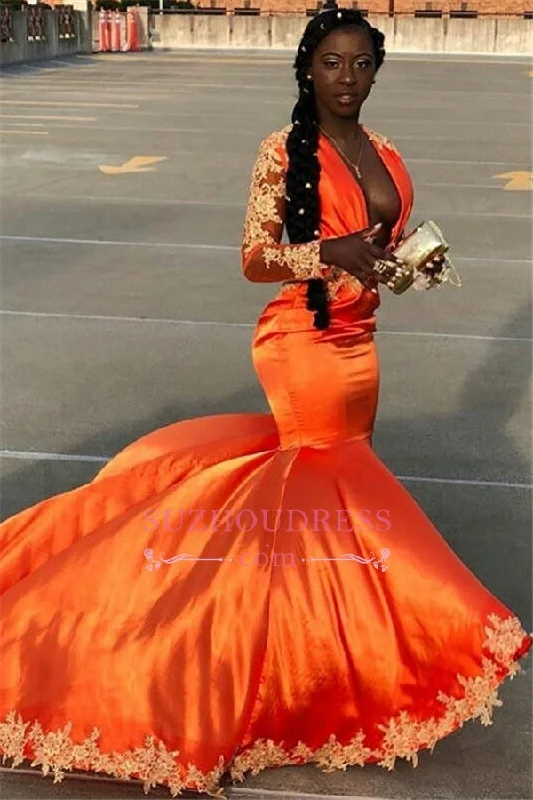 Sexy Deep V-Neck Mermaid Long  Prom Dresses | Appliques Long Sleeves Evening Gown On Sale BC1058