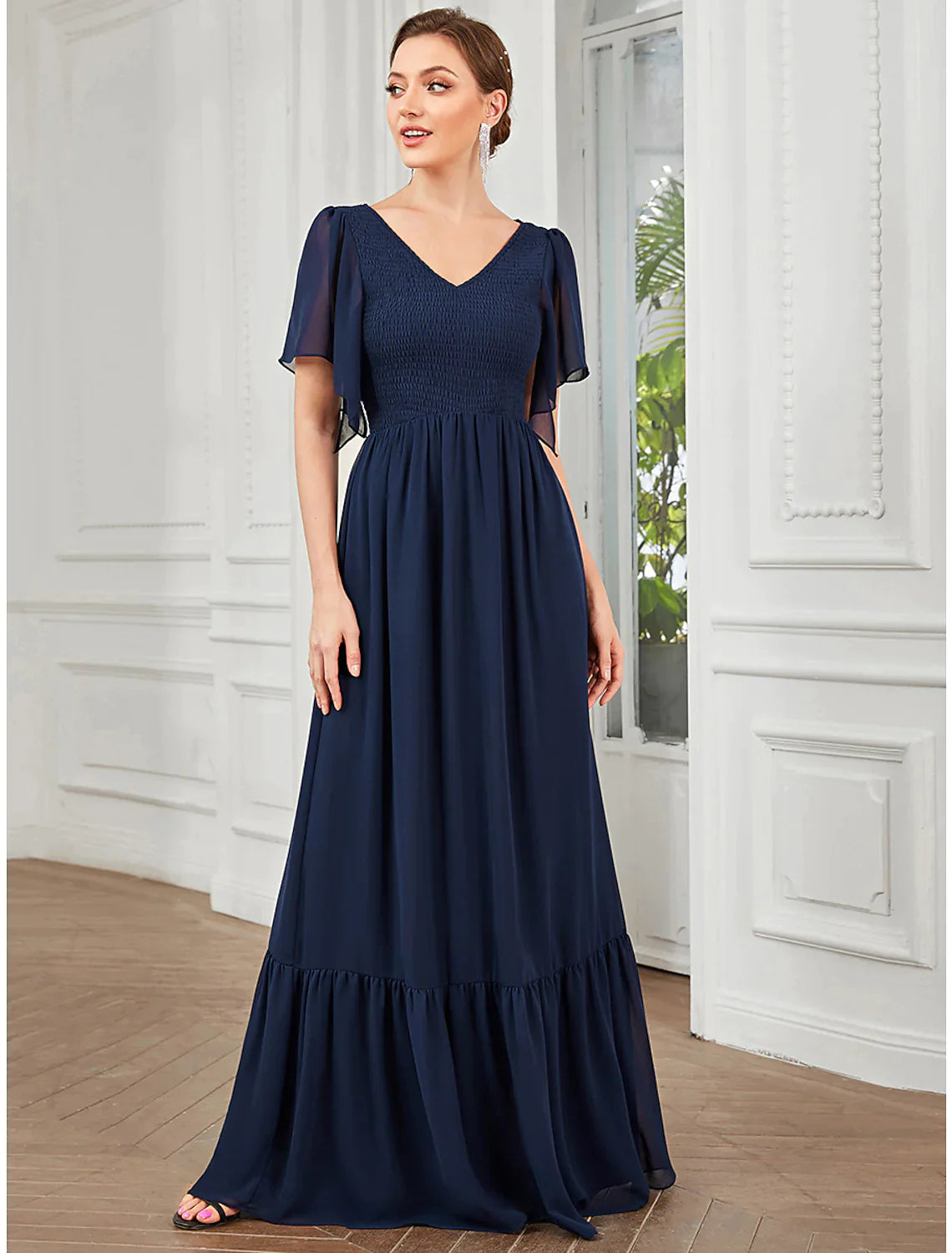 A-Line Prom Dresses Elegant Dress Party Wear Floor Length Short Sleeve V Neck Chiffon with Pleats A-Line Prom Dresses Elegant Dress Party Wear Floor Length Short Sleeve V Neck Chiffon with Pleats
