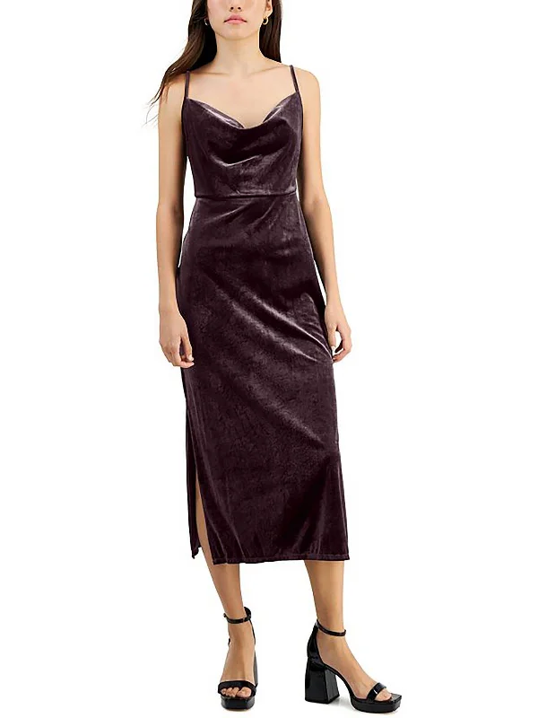 Petites Womens Prom Velour Cocktail And Party Dress Crew Neckline Casual