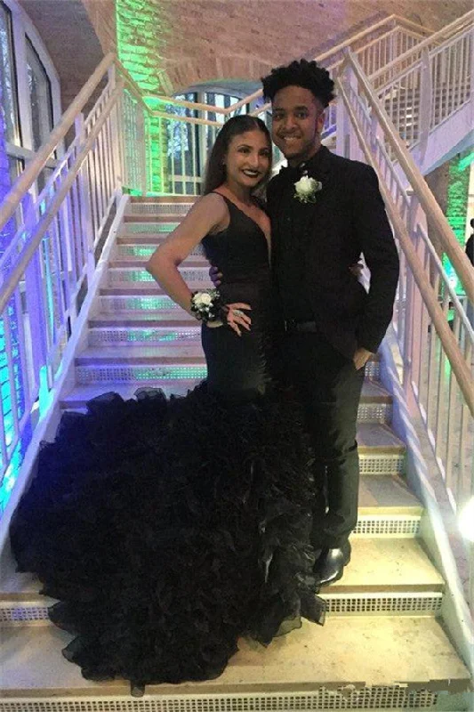 Black Sleeveless Sexy Deep-V-Neck Mermaid Prom Dress