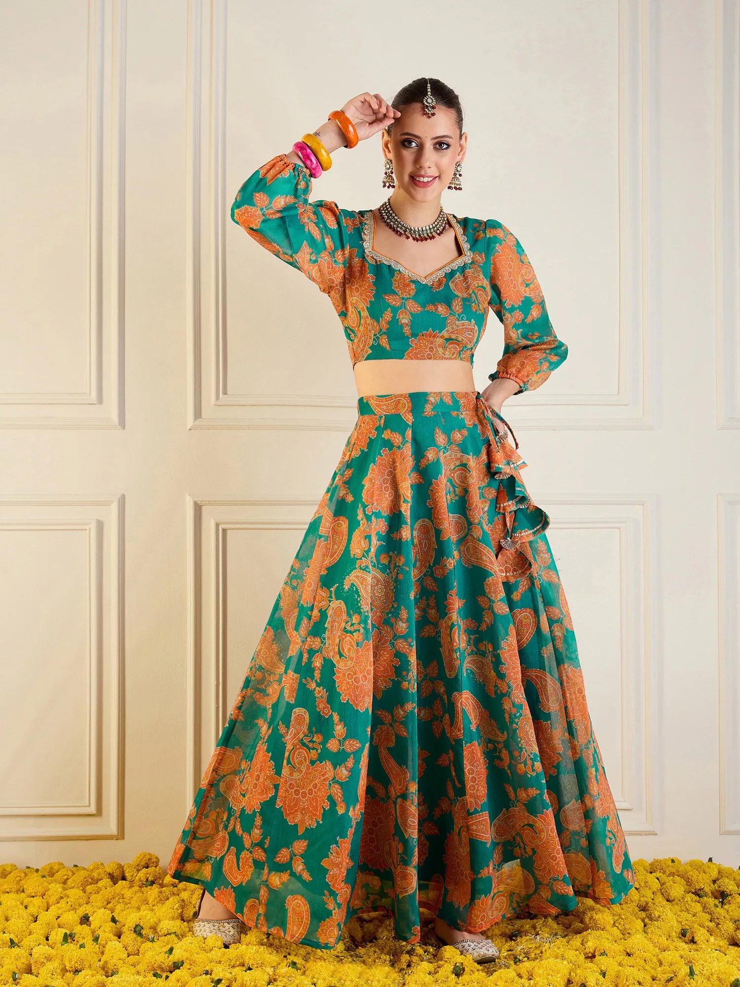 Women Green & Mustard Floral Anarkali Skirt With Crop Top-SHSET95957 Lace Blend Ribbed Blend Corduroy Blend Women Green & Mustard Floral Anarkali Skirt With Crop Top-SHSET95957 Lace Blend Ribbed Blend Corduroy Blend
