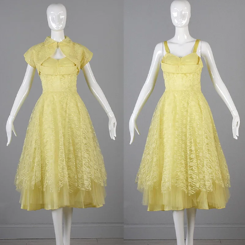 1950s Yellow Lace and Tulle Party Dress Tunics Stylish modern