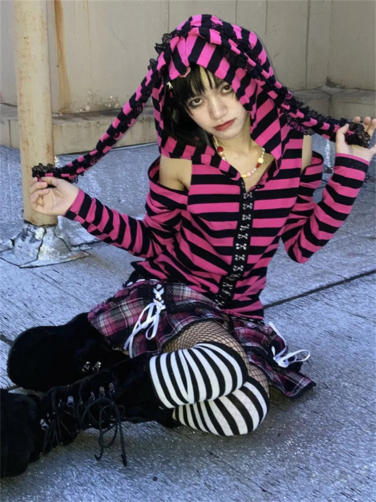 Striped Print Goth Grunge Hoodie Hoodie with Patch Decorative Personalized