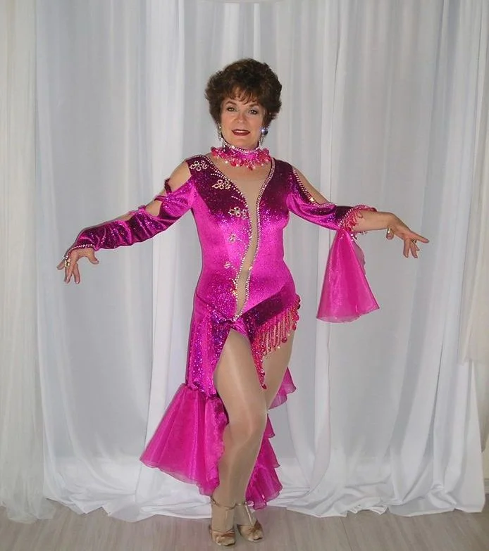 Fuchsia Glitter Stretch Velvet Latin-Rhythm Dress with Flounces on Sale-Dazzle Square Neckline Feminine Fuchsia Glitter Stretch Velvet Latin-Rhythm Dress with Flounces on Sale-Dazzle Square Neckline Feminine