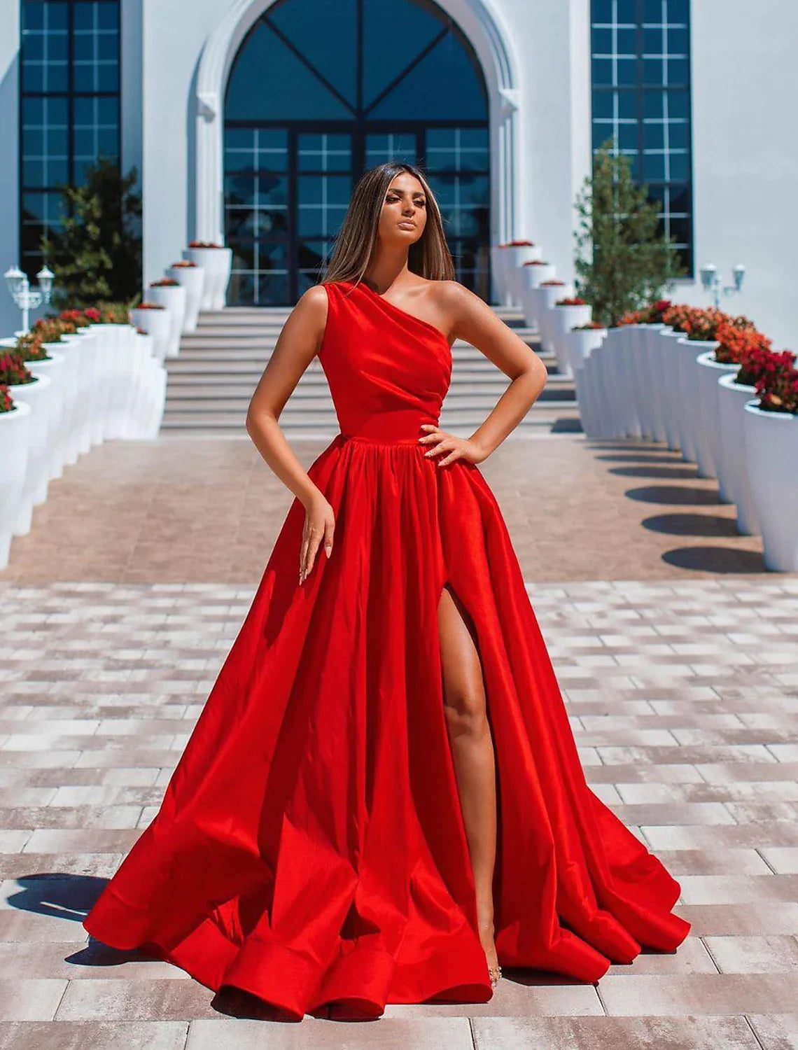 A-Line Sexy High Split Prom Formal Evening Dress One Shoulder Sleeveless Floor Length Charmeuse with Ruched Slit A-Line Sexy High Split Prom Formal Evening Dress One Shoulder Sleeveless Floor Length Charmeuse with Ruched Slit