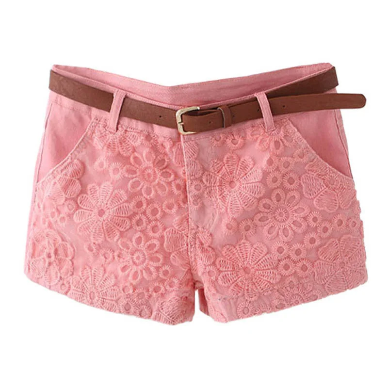 Lace Shorts Women Short With Belt Fashion Casual Mid Waist Exquisite Casual Short Pants WKD243 Chic Capri Pants
