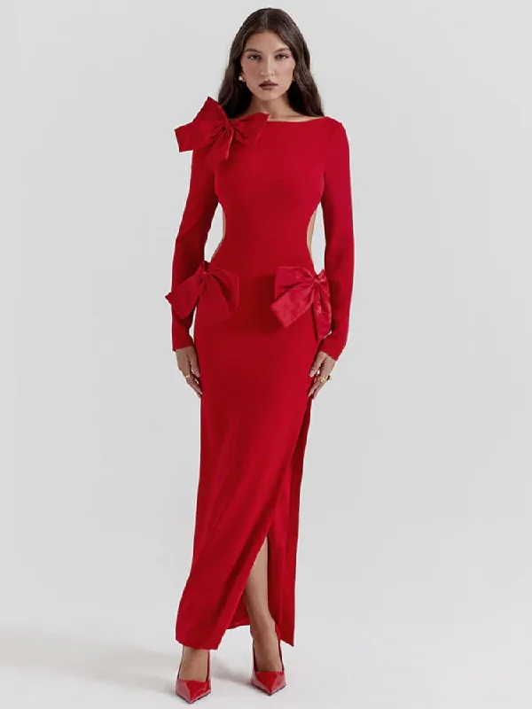 Elegant Bow Backless Maxi Christmas Party Dress Tunics Spring floral