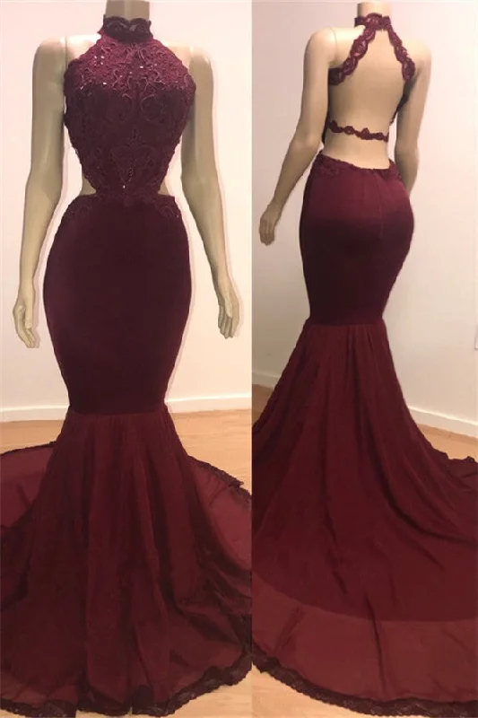 Mermaid Open Back Sexy Burgundy Prom Dresses | High Neck Lace Evening Gowns  BC0805