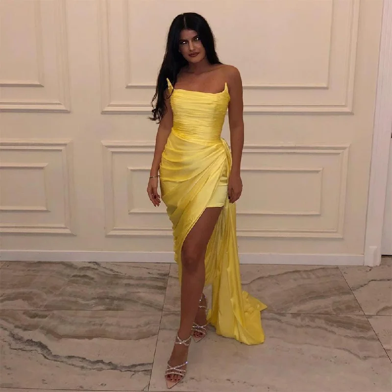 Cinessd  High Side Split Yellow Satin Mermaid Evening Dresses Sleeveless Pleat Ruched Dubai Women Long Prom Gown Formal Party Dress Tunics Versatile functional