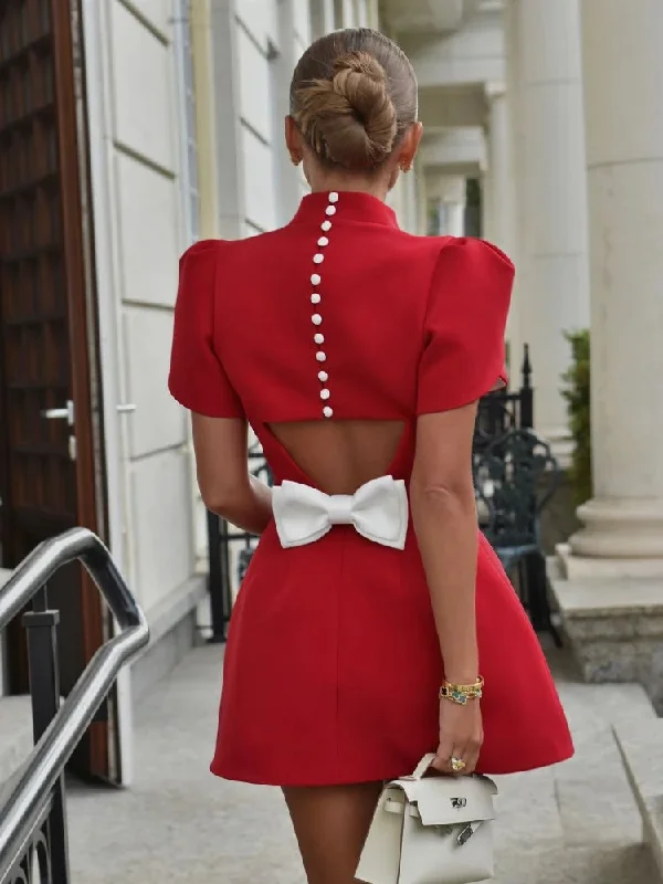 Elegant Formal Stylish Bow Shoulder Christmas Party Dress Tunics Summer linen