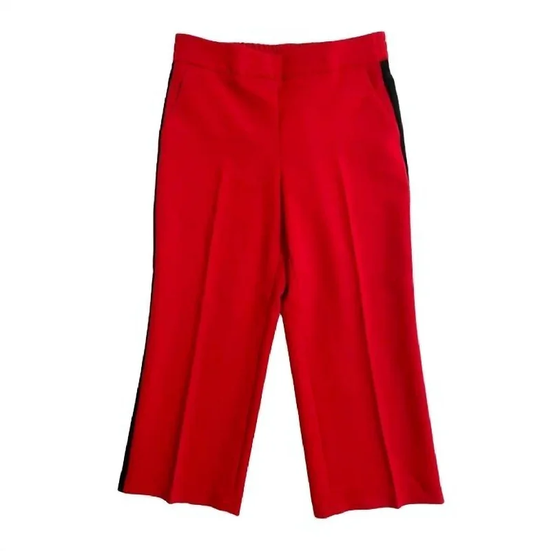 Women's Side Stripe Casual Wide Leg Crop Pants In Red Elegant Wool Trousers