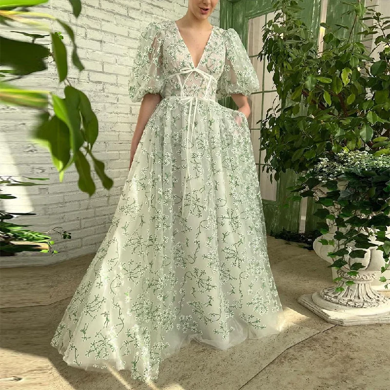 Cinessd  Embroidery Lace Long Prom Dresses V-Neck Puff Sleeves A-Line Wedding Party Dresses Bow Ties Formal Evening Gowns Off-the-shoulder Bohemian Festive
