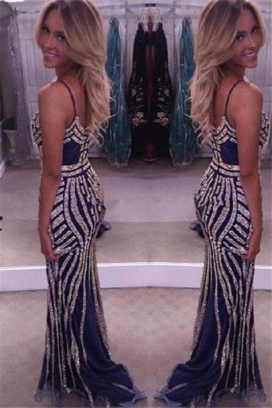 Sparkling Crystal Spaghetti  Evening Gown Straps Mermaid Zipper Glamorous Prom Dress