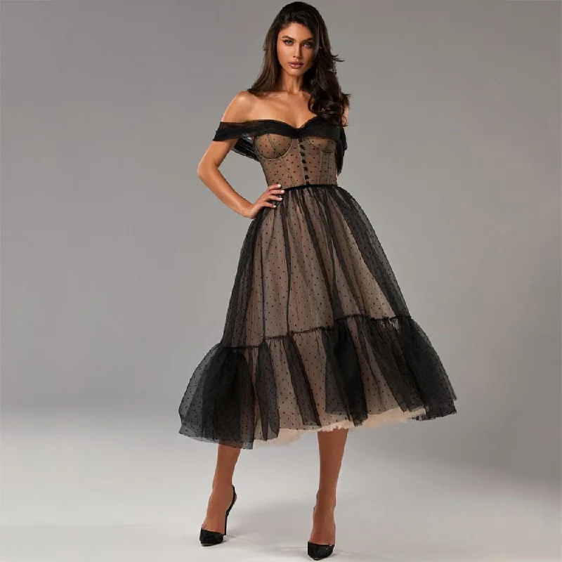 Cinessd  Black Polka Dots Tulle Midi Prom Dresses Off The Shoulder Tea-Length A-Line Evening Gowns Lace-Up Formal Party Dress Off-the-shoulder Chic Trendy