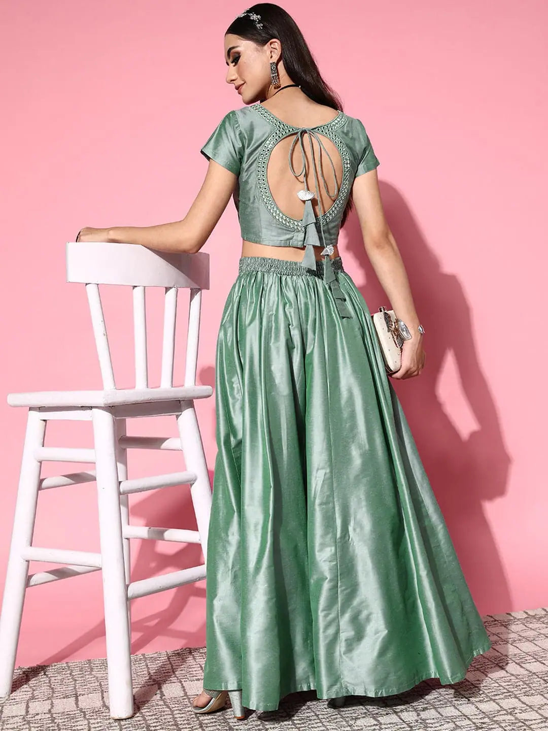 Women Green Mirror Crop Top With Anarkali Skirt Collared Crop Top Boat Neck A-Line