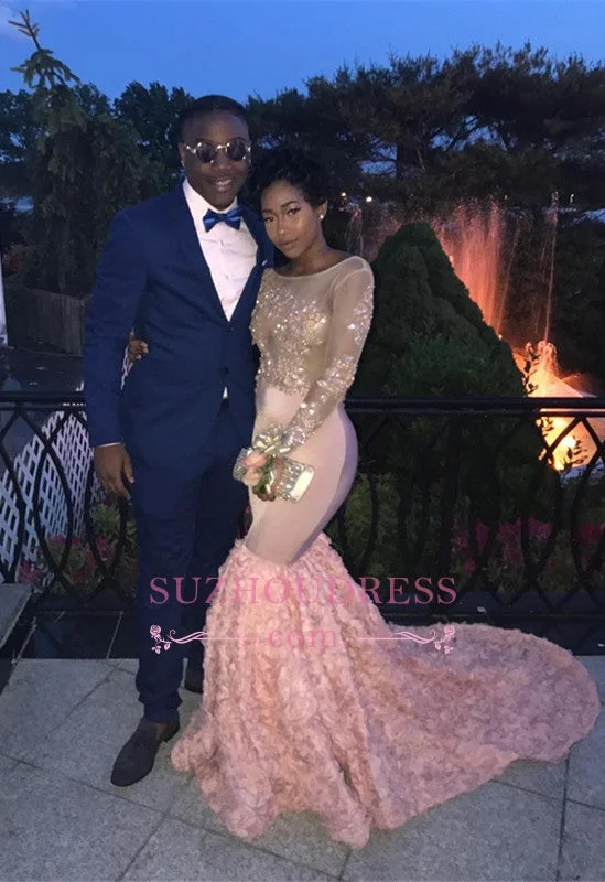 Sexy Pink Backless Prom Dresses  | Flowers Long Sleeve Sexy Evening Dress with Appliques WW0148