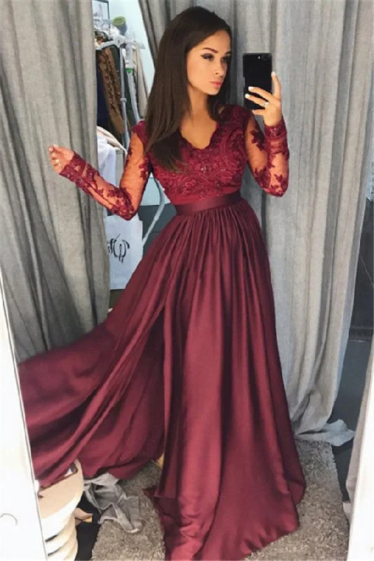 Long Sleeve Burgundy Lace Prom Dress V-neck New Arrival Formal Evening Dress with Split FB0205 Long Sleeve Burgundy Lace Prom Dress V-neck New Arrival Formal Evening Dress with Split FB0205