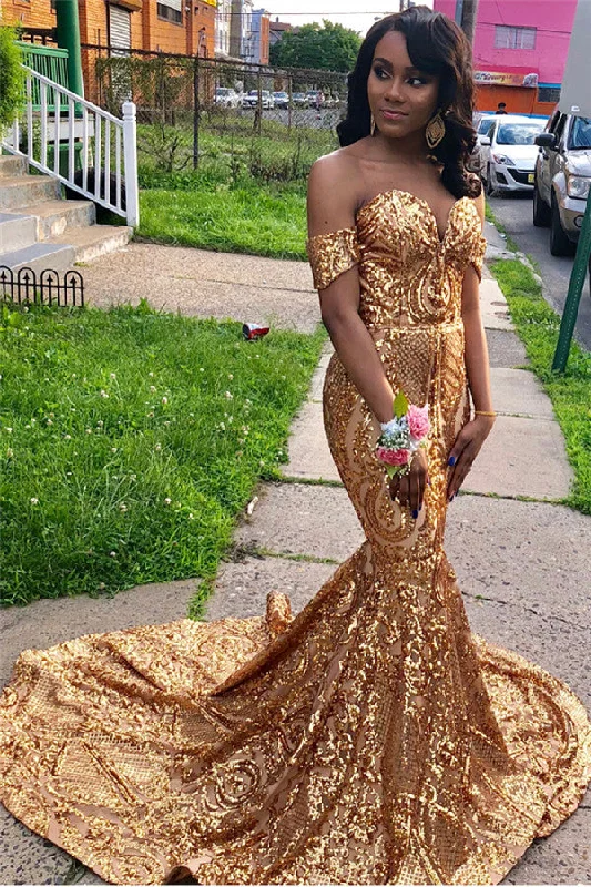 Off The Shoulder Mermaid Lace Gold Prom Dresses  | Sexy Court Train Evening Gowns bc1691