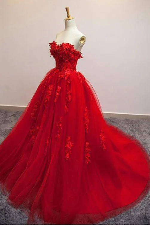 Pretty Red Sweetheart Strapless Ball Gown Applique Tulle Long Prom Dress,Party Dresses Tunics Lace romantic