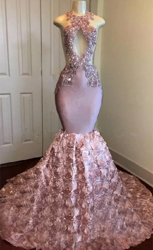 Sexy Open Back Pink Mermaid Prom Dresses on Mannequins |  Sleeveless Appliques Graduation Dresses Online