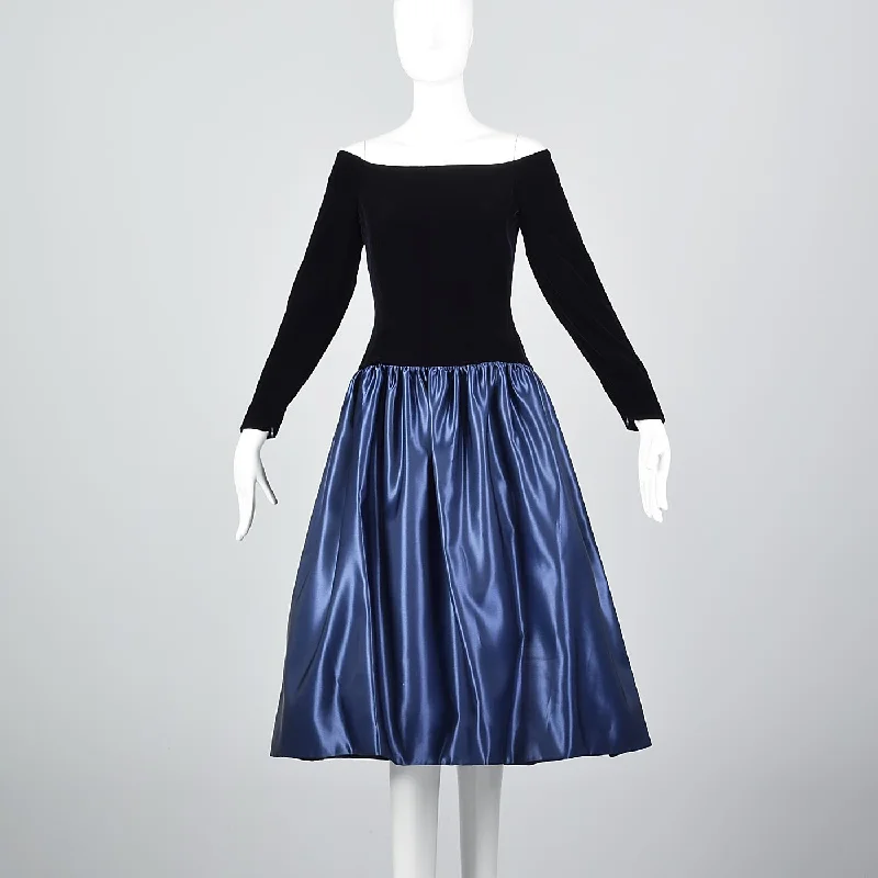 Off Shoulder Scaasi Drop Waist Party Dress in Navy Blue Pencil Length Work