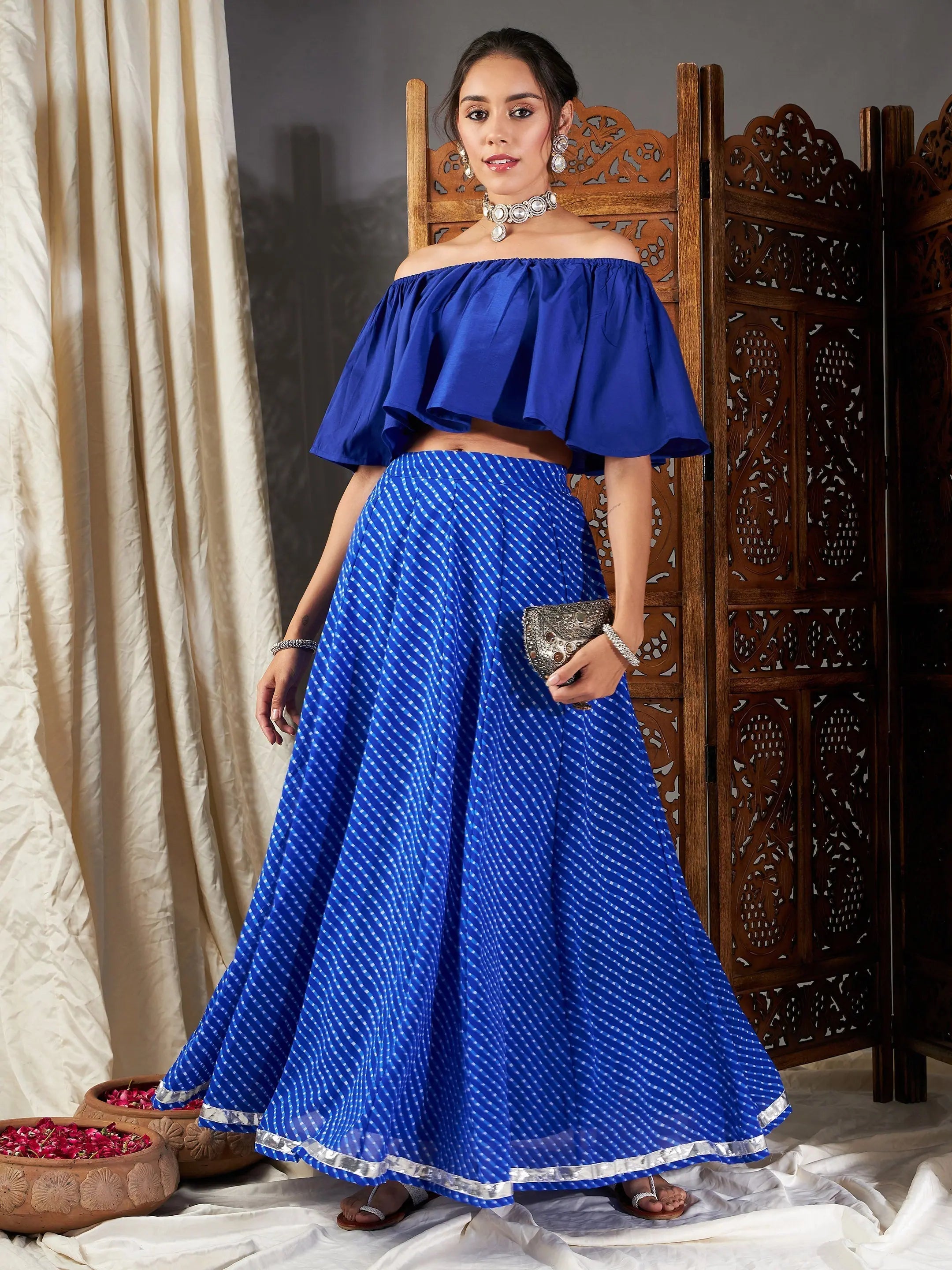 Women Blue Lehariya Off Shoulder Crop Top With Anarkali Skirt Anti-Pilling Machine Wash Handmade Women Blue Lehariya Off Shoulder Crop Top With Anarkali Skirt Anti-Pilling Machine Wash Handmade