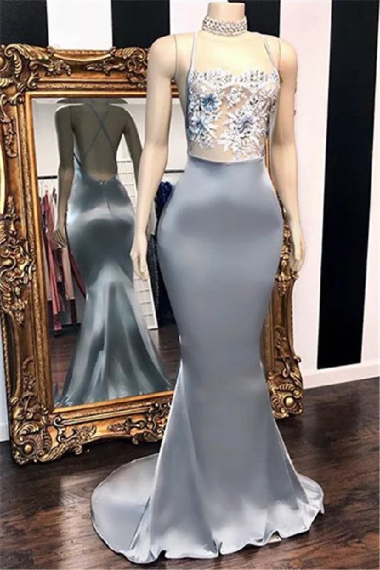 Spaghetti Straps Sexy Open Back Prom Dresses |  Lace Appliques Mermaid Evening Dress BC1365