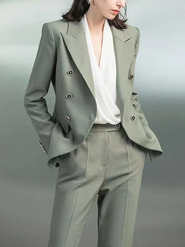 Grey 2 Piece Double Breasted Peak Lapel Women's Suit (Blazer+Pants) Trendy Palazzo Pants