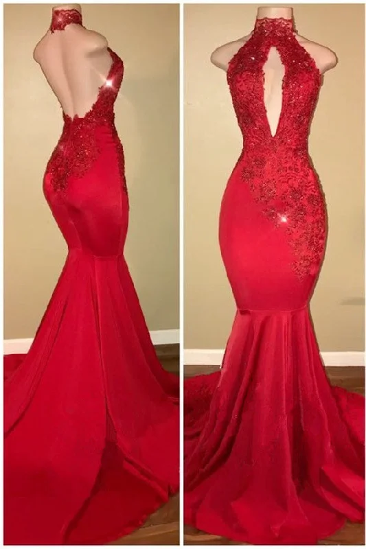 Halter Backless Sexy Prom Dresses with Lace Appliques Mermaid Sleeveless  Evening Gown BA7768