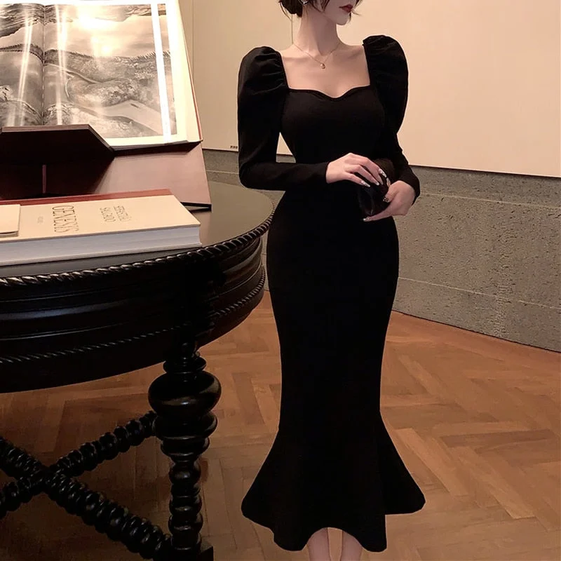 Wjczt Elegant Mermaid Black Long Dress Women Korean One Piece Vintage Gothic Evening Party Dress Autumn Casual Hepburn Slim Dress 2021 Tunics Luxurious high-end