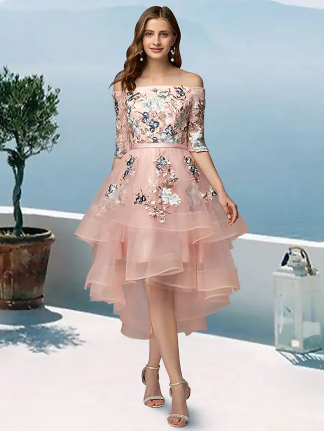 A-Line Prom Dresses Dress Evening Party Asymmetrical Half Sleeve Off Shoulder Satin with Embroidery Appliques A-Line Prom Dresses Dress Evening Party Asymmetrical Half Sleeve Off Shoulder Satin with Embroidery Appliques