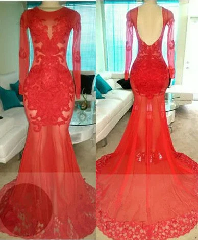 Red Long Sleeves Backless Prom Dresses |  Tulle Appliques Evening Dresses