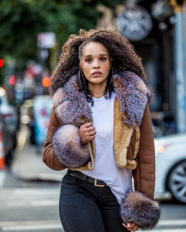 WOMEN SHEARLING- CROP TOP COGNAC WITH CRYSTAL FOX FUR Boxy Fit Fitted Loose