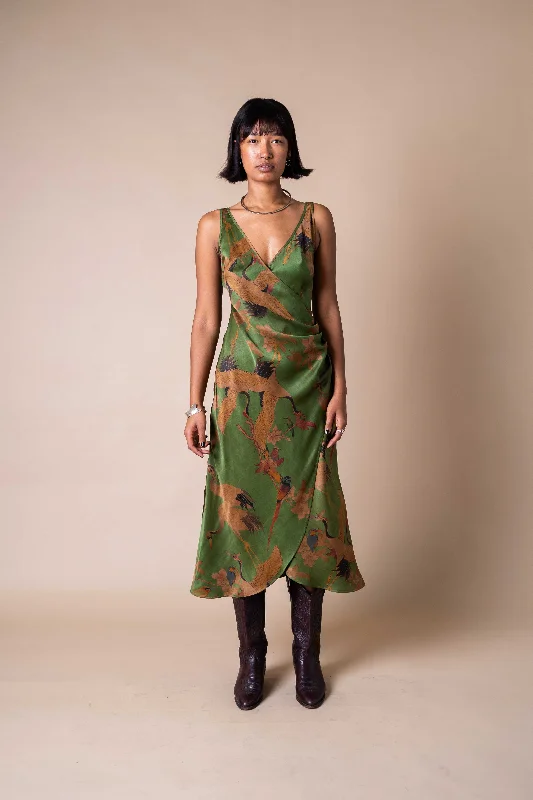 Verdant Cranes Ruched Slip Dress Off-the-shoulder Chic Trendy