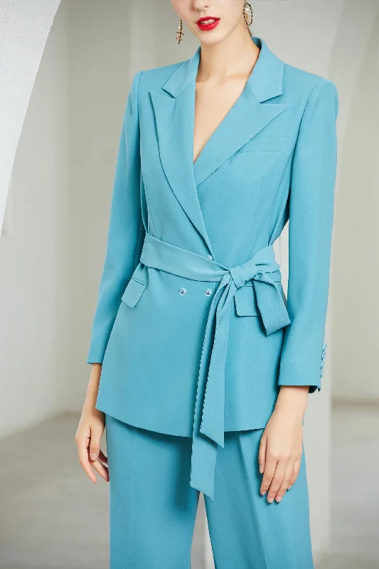 2 Piece Blue Belt Double Breasted Women's Suit (Blazer+Pants) Soft Wool Pants