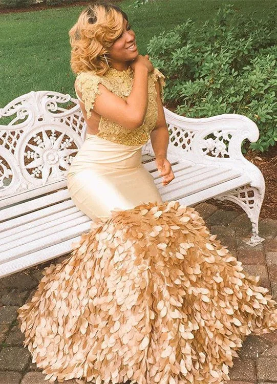 Unique Cap-Sleeves Mermaid Crew  Prom Dresses | Appliques Sweep Train Evening Gown On Sale