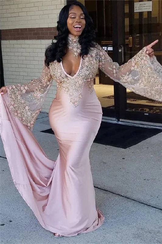 Sexy Pink V-Neck Mermaid Prom Dresses Long Sleeves Appliques Evening Dresses with Choker SK0087 Sexy Pink V-Neck Mermaid Prom Dresses Long Sleeves Appliques Evening Dresses with Choker SK0087