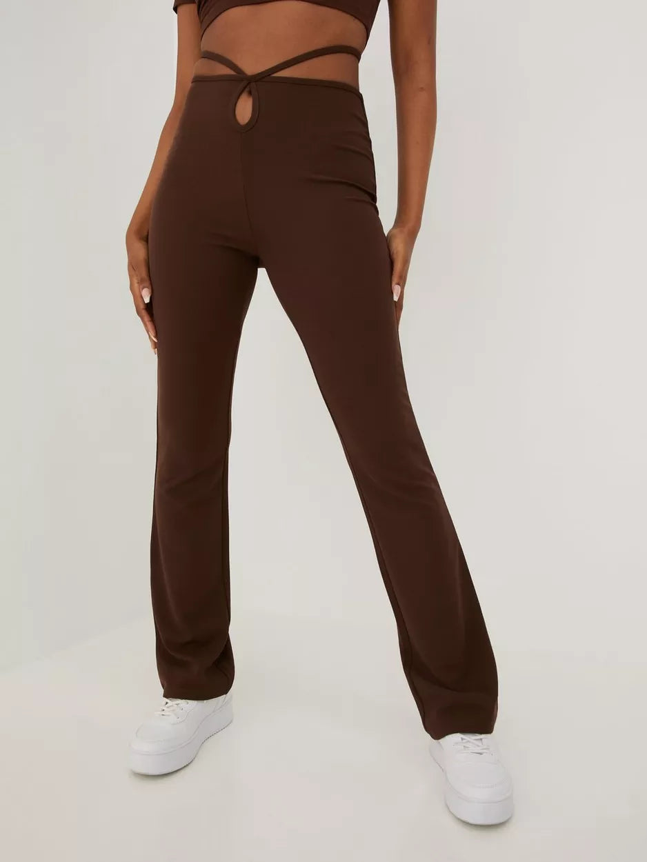 Crepe Tie Pants Brown Formal Linen Trousers