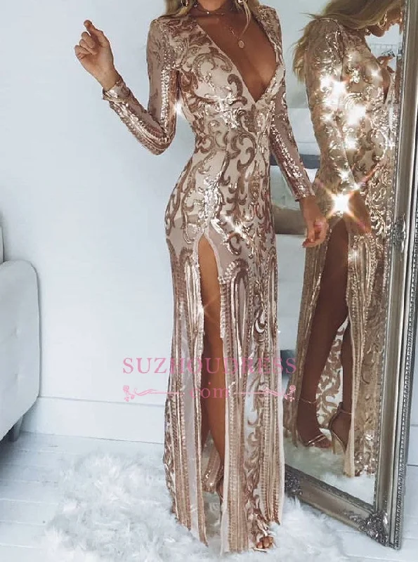 Sexy Deep V-Neck A-Line Prom Dresses | Long Sleeves Shiny Side Slit Evening Dress