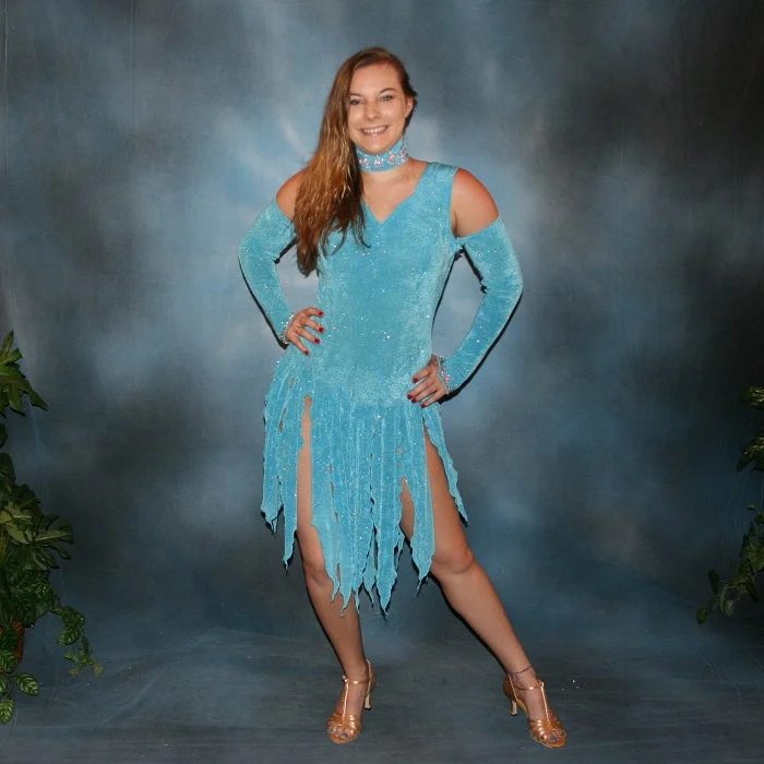 Turquoise Latin-Rhythm Dress with Fringe Effect Skirting & Swarovski Rhinestone Work-Candice sweetheart Neckline Romantic Turquoise Latin-Rhythm Dress with Fringe Effect Skirting & Swarovski Rhinestone Work-Candice sweetheart Neckline Romantic
