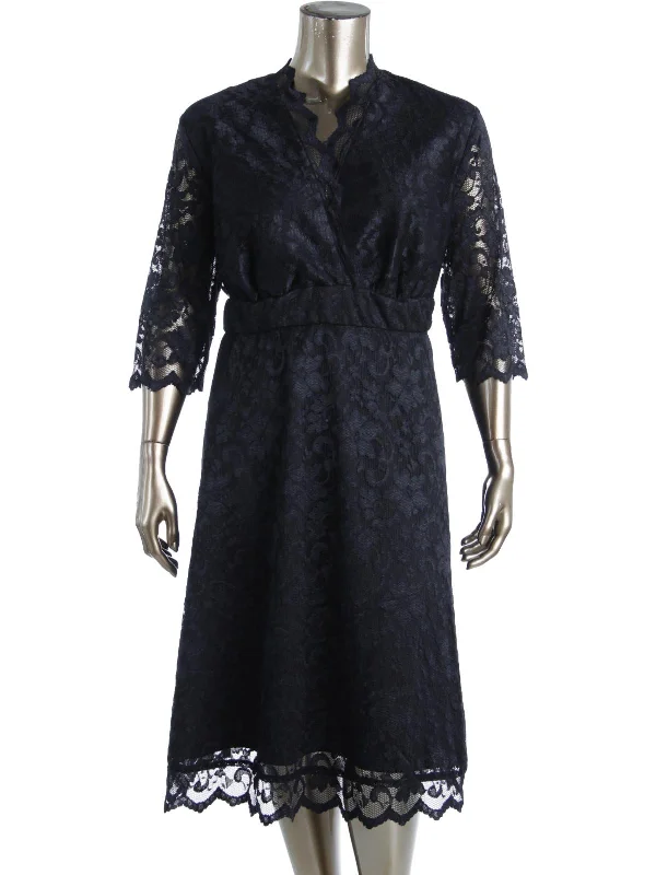 Plus Womens Lace V-Neck Party Dress Crew Neckline Casual