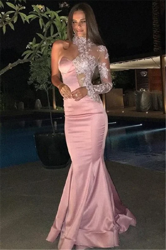 High Neck One Sleeve Prom Dress  Pink Mermaid Lace Appliques Evening Gown BA6638