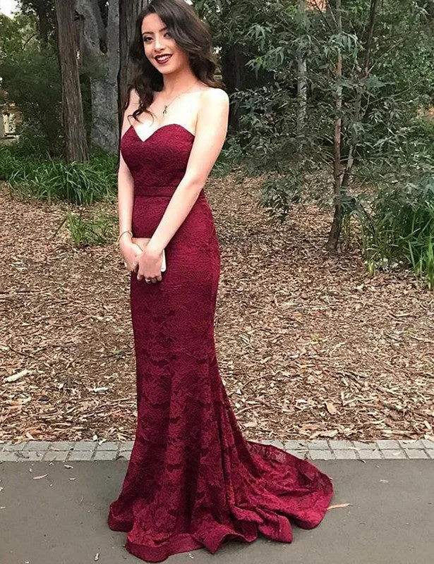 Burgundy Sweetheart Mermaid Evening Gown  Sleeveless Newest Lace Prom Dress