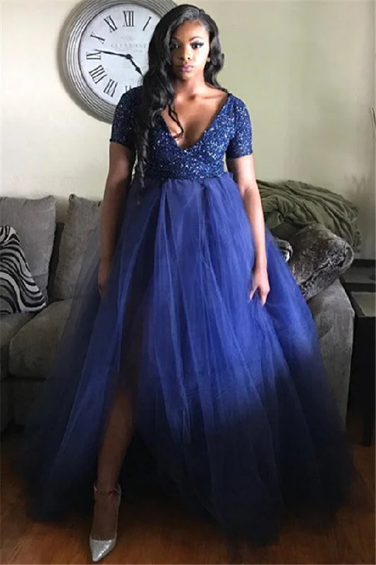 Plus-Size A-line Tulle Prom Dress | Short Sleeves V-Neck Party Dresses Tunics Trendy modern Plus-Size A-line Tulle Prom Dress | Short Sleeves V-Neck Party Dresses Tunics Trendy modern