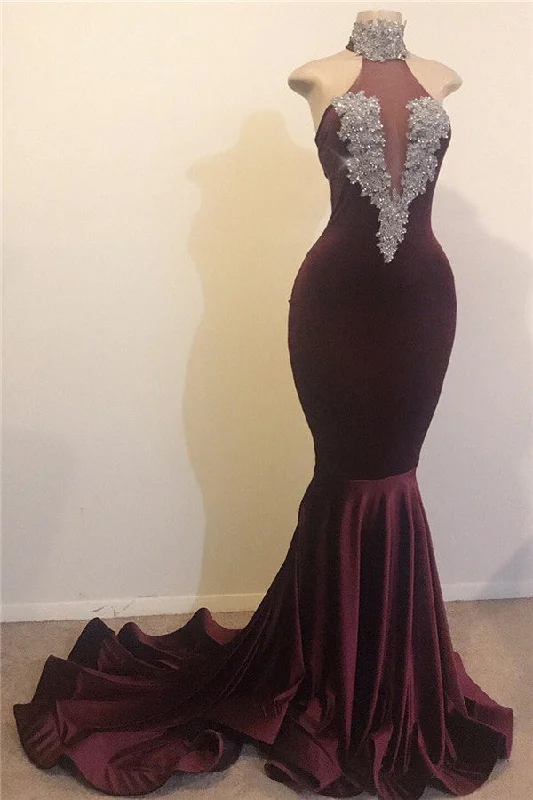 High Neck Silver Beads Appliques Prom Dresses | Mermaid Open Back Sexy Evening Gowns  BC1144