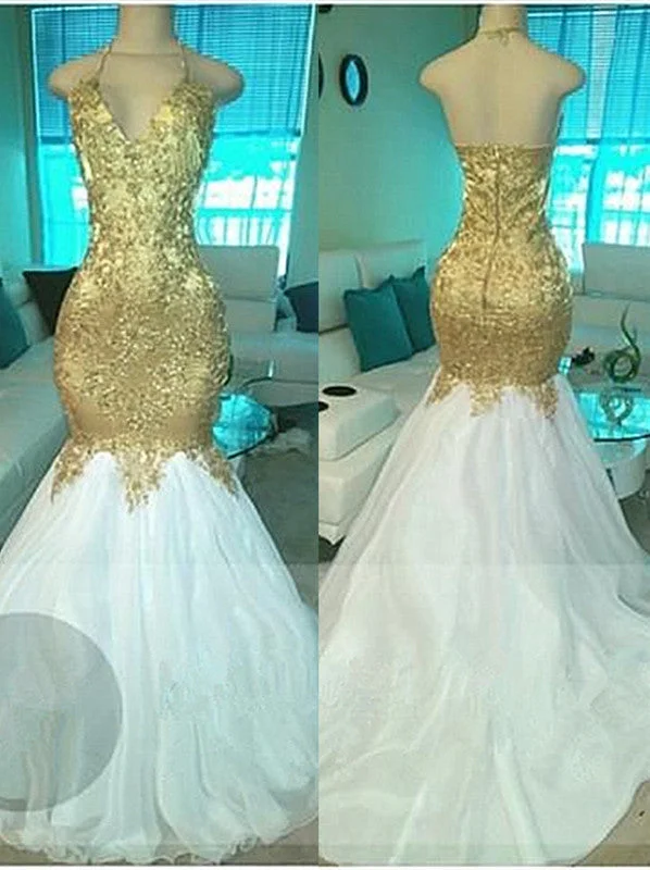 Gold Beading V-neck Halter Prom Dresses Open Back Sexy Mermaid Popular Evening Gown BA5332-MQ0027 Gold Beading V-neck Halter Prom Dresses Open Back Sexy Mermaid Popular Evening Gown BA5332-MQ0027