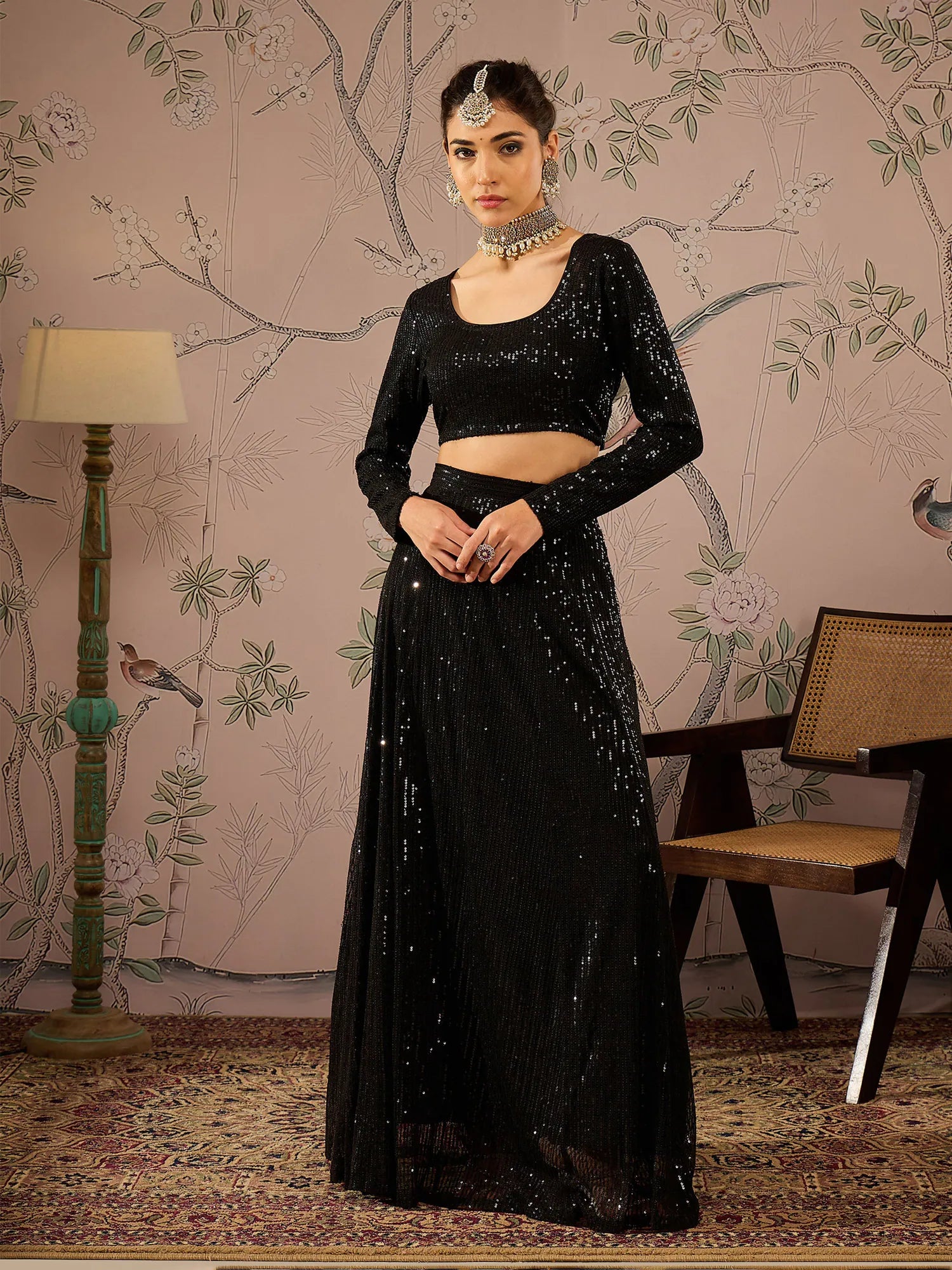 Women Black Sequins Crop Top With Anarkali Skirt-SHSET96082 Mesh Fabric Canvas Fabric Denim Fabric Women Black Sequins Crop Top With Anarkali Skirt-SHSET96082 Mesh Fabric Canvas Fabric Denim Fabric