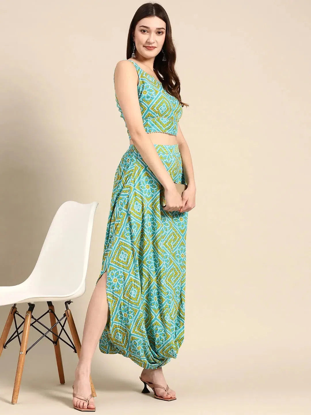 Crop top with cowl dhoti skirt in Aqua Blue Knit Fabric Woven Fabric Fleece Fabric